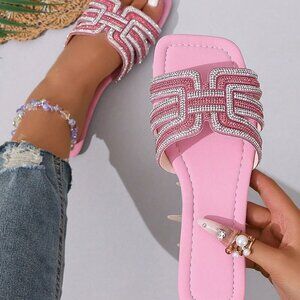 Pink Glamorous Women's Crystal Embellished Luxury Flat Slide Sandals